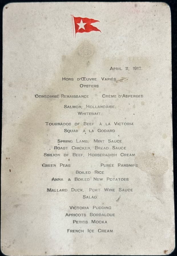 Menu First Class  11 April 1912