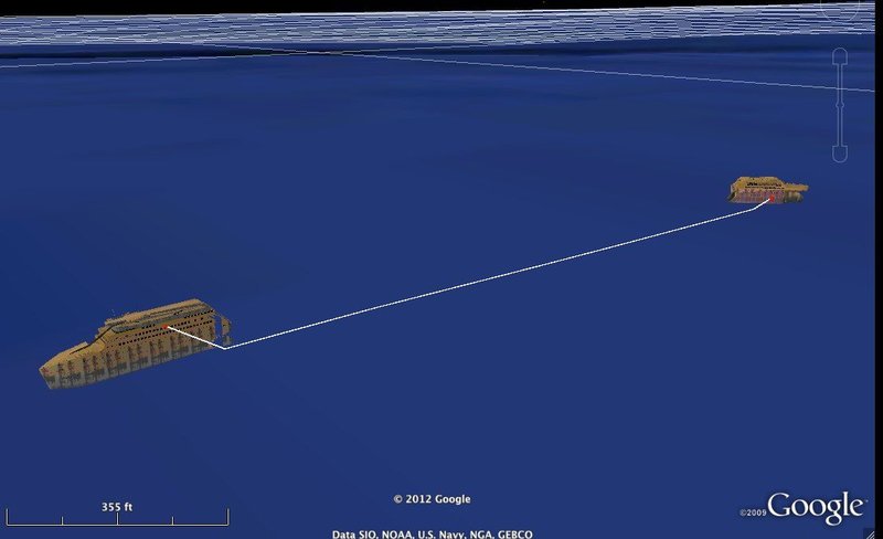 Distance between the bow and stern of the Titanic wreck