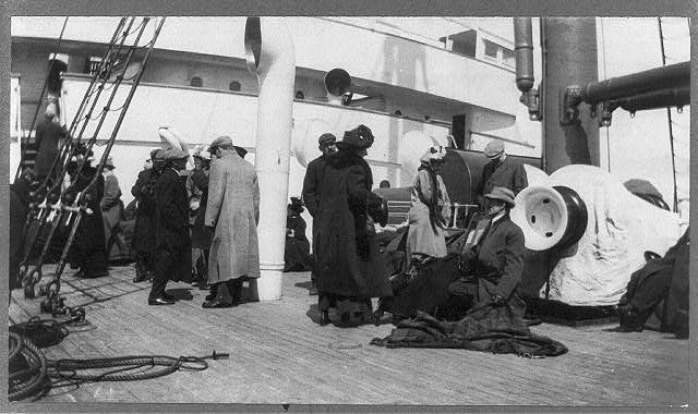Unidentified group of survivors of the Titanic aboard the Carpathia