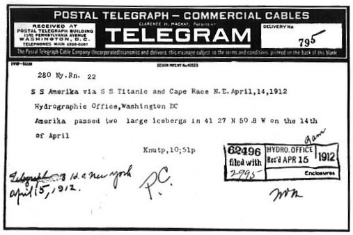 The SS Amerika reports two large icebergs 14 April 1912