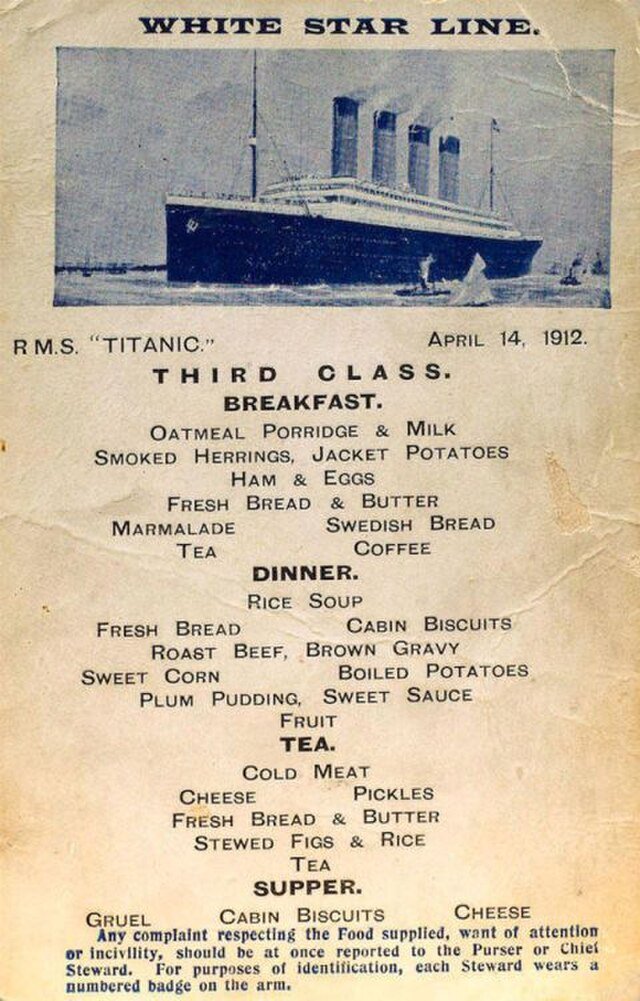 Titanic 3rd Class Menu 14 April 1912