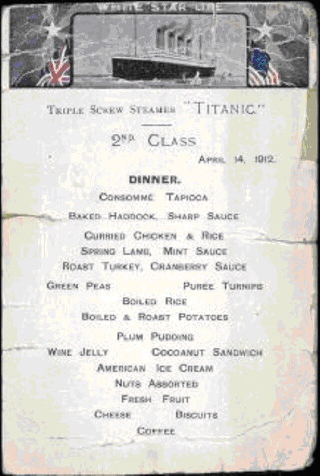 Titanic Last Dinner 2nd Class 14 april 1912